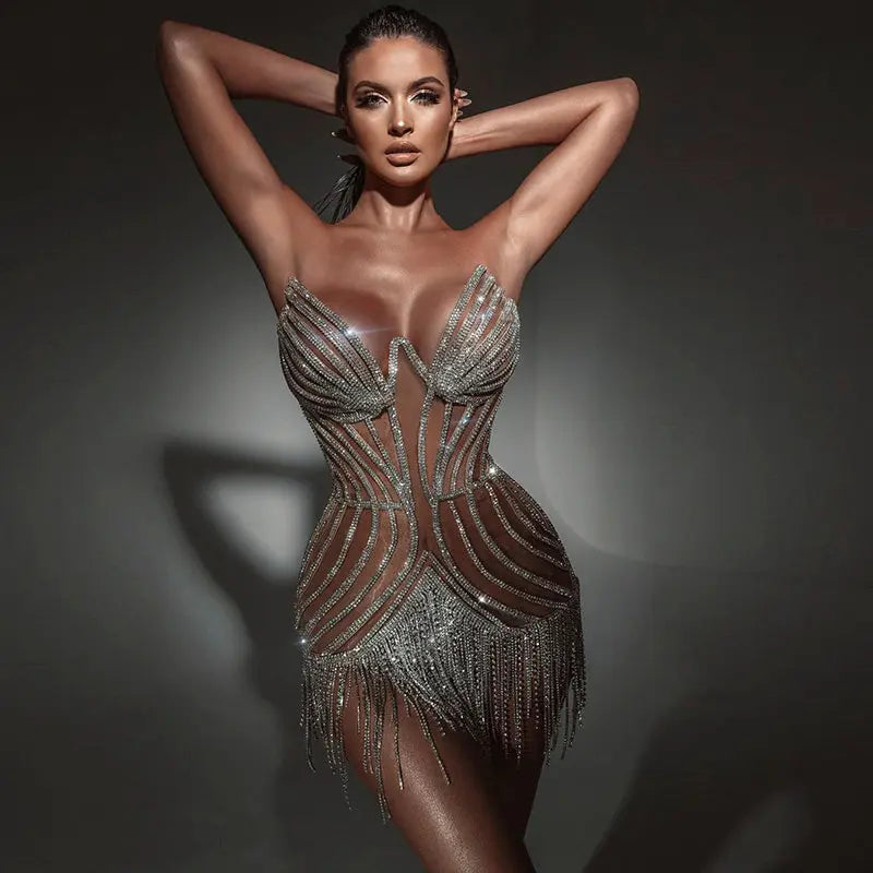 Luxury Beading Tassels Strapless Short Cocktail Dress RM016 