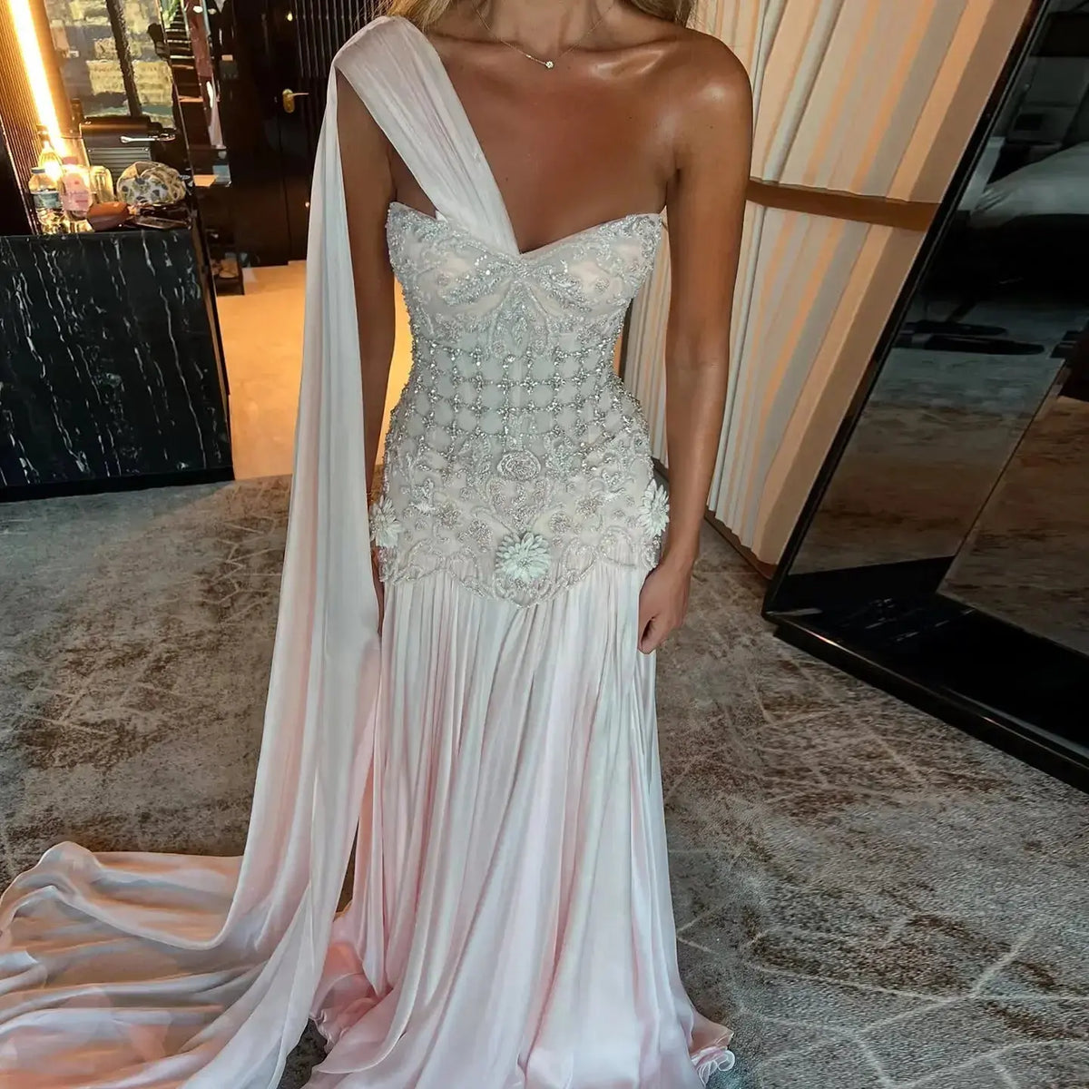 Luxury Blush Pink Beaded 3D Floral One-Shoulder Cape Evening Dress SS285 