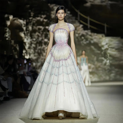 Luxury Ombre Beaded Shell Ball Gown Evening Dress with Cap SS296