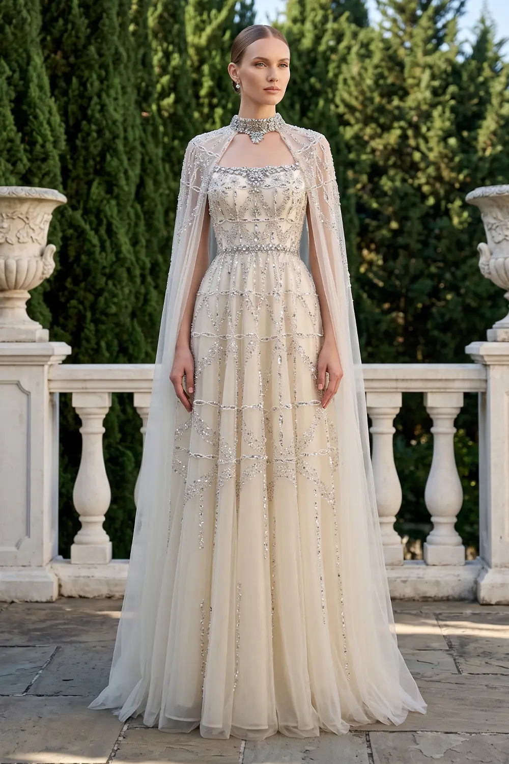 Luxury Cream Heavy Beaded Train Evening Dress with Cape SS486