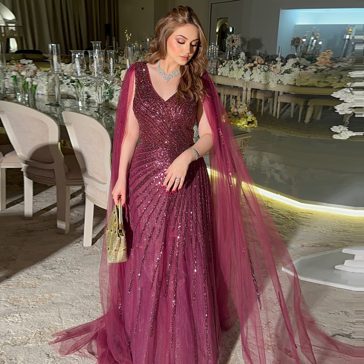 Luxury V-Neck Wine Red Evening Dress with Cape Sleeves SS130