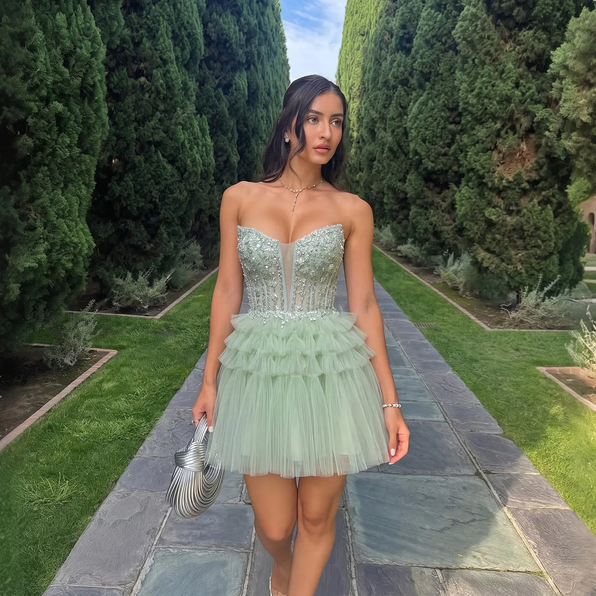 Elegant Green Strapless Deep V Rhinestone A-Line Homecoming Dress RM137