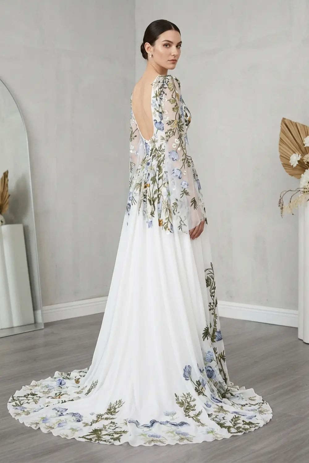 White Boho Long Sleeve Embroidery Wedding Dress SW641