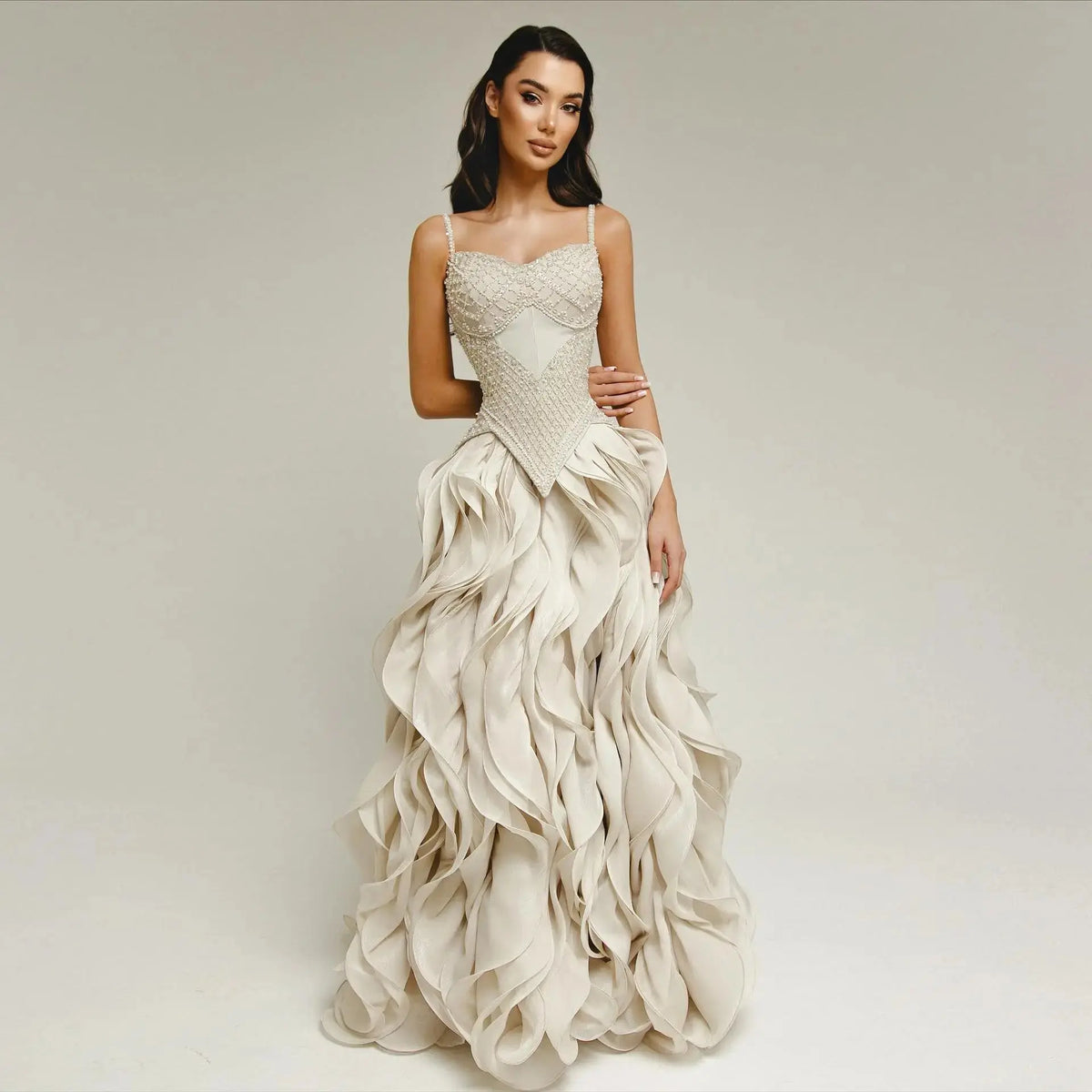 Sophisticated Beige Corset Bodice Ruffled Skirt Beaded Evening Dress SS257 