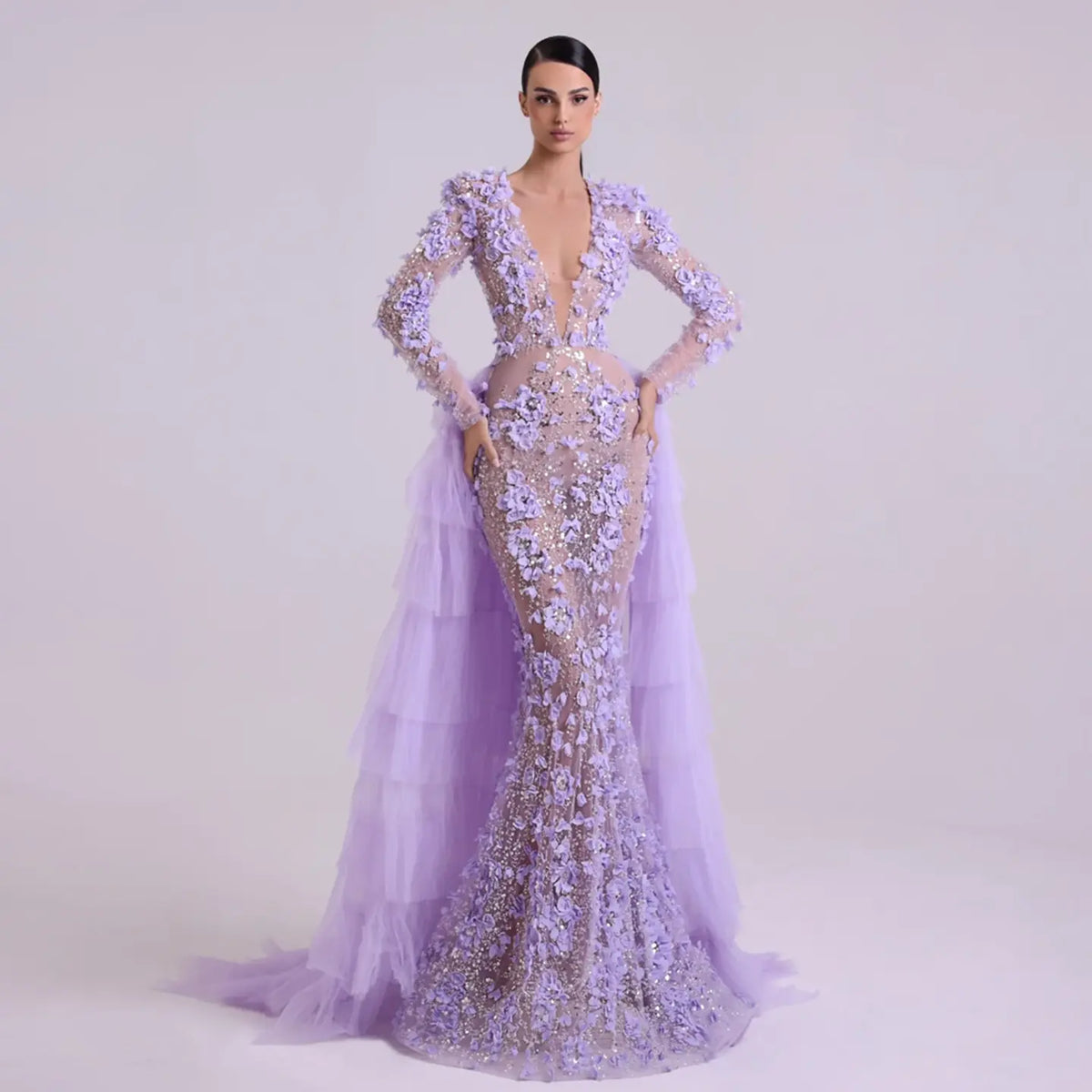 Luxury Lilac 3D Floral Mermaid Evening Dress with Overskirt SS637 - SHARONSAID Luxury Lilac 3D Floral Mermaid Evening Dress with Overskirt SS637 - SHARONSAID