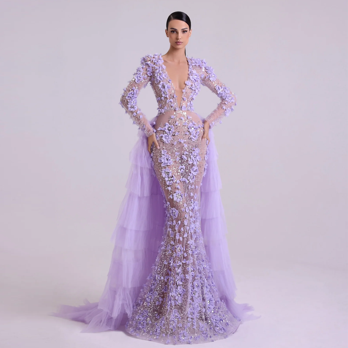 Luxury Lilac 3D Floral Mermaid Evening Dress with Overskirt SS637 