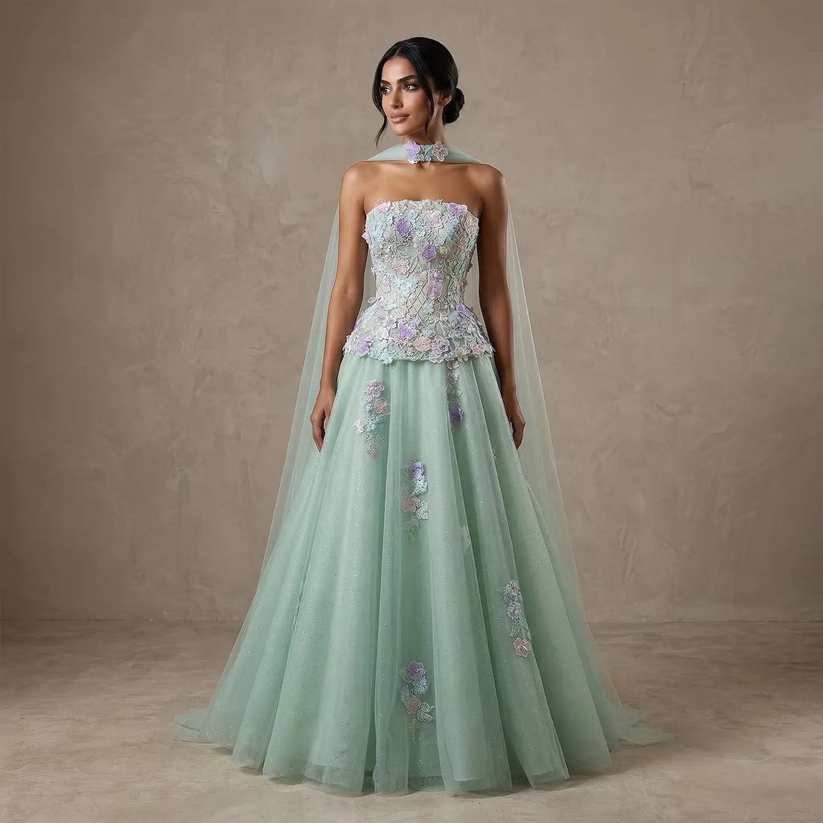 Luxury Sage Green Floral Applique Evening Dress with Scarf SS755 