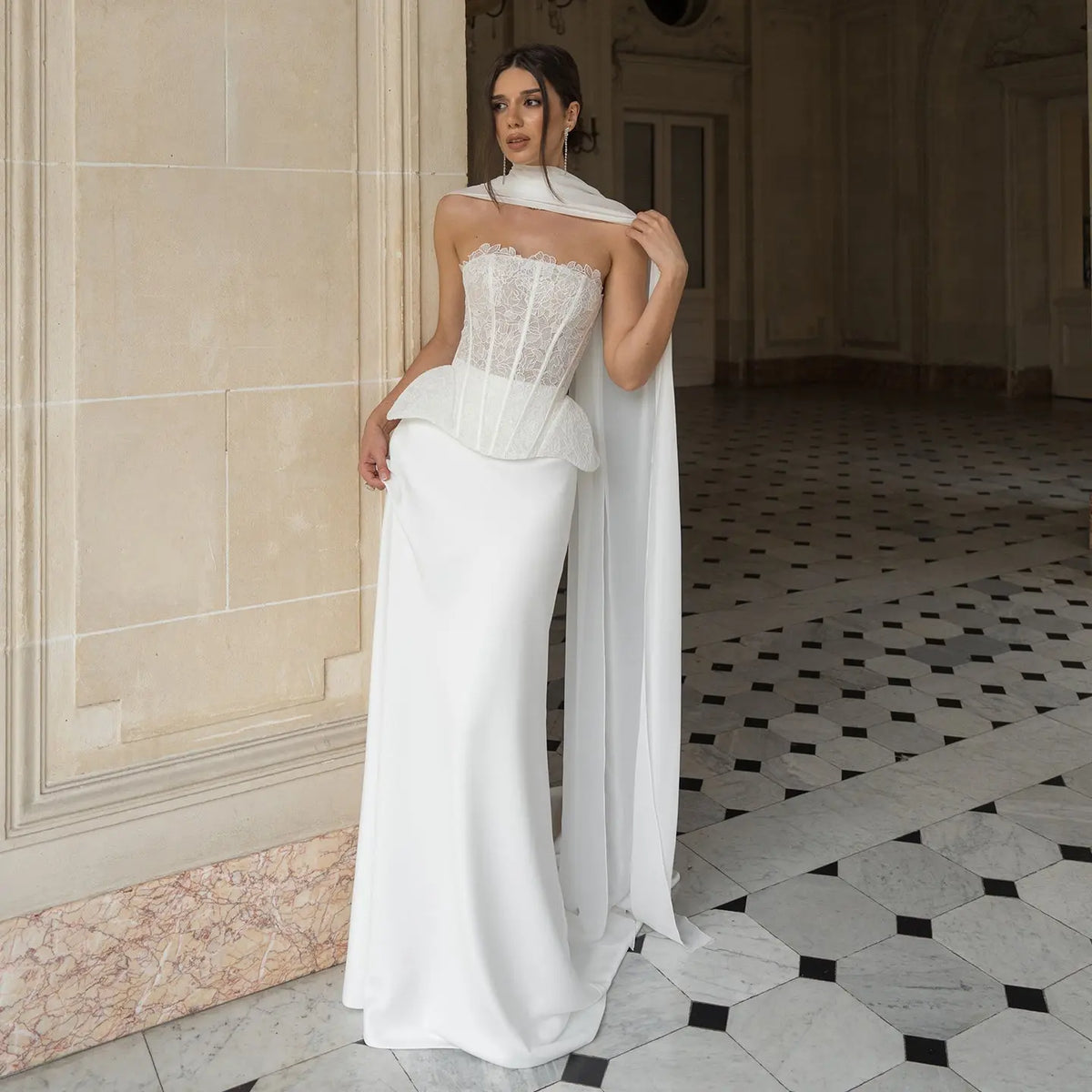 Strapless Lace Corset Wedding Dresses with Scarf SW241