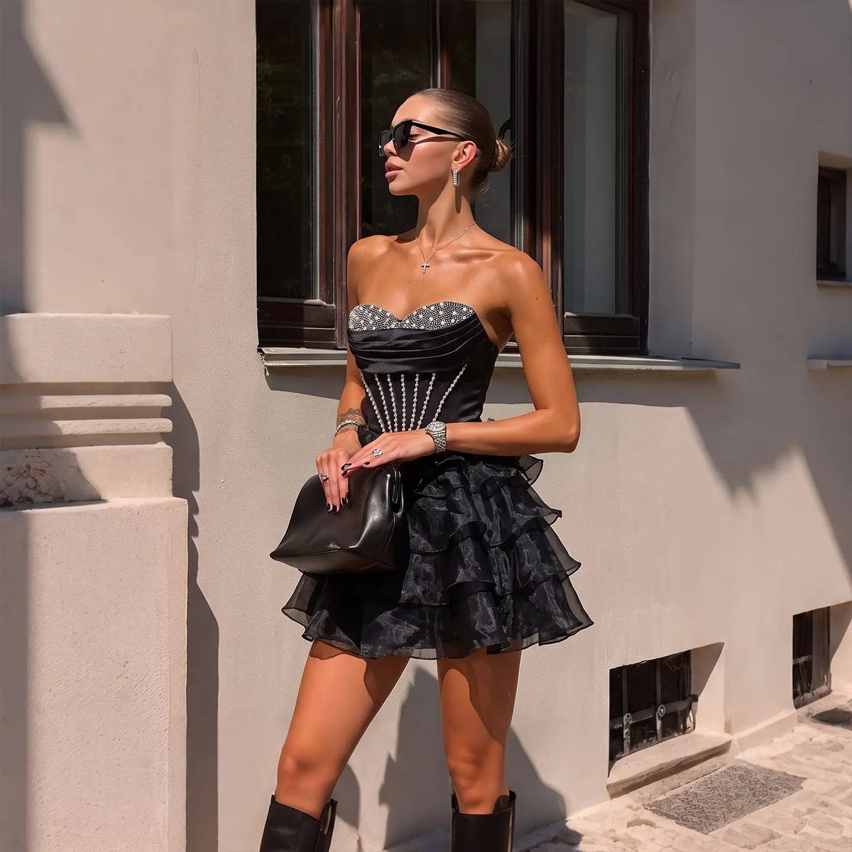 Black Beaded Corset Mini Dress Strapless Tiered Ruffle Cocktail Party Dress RM146