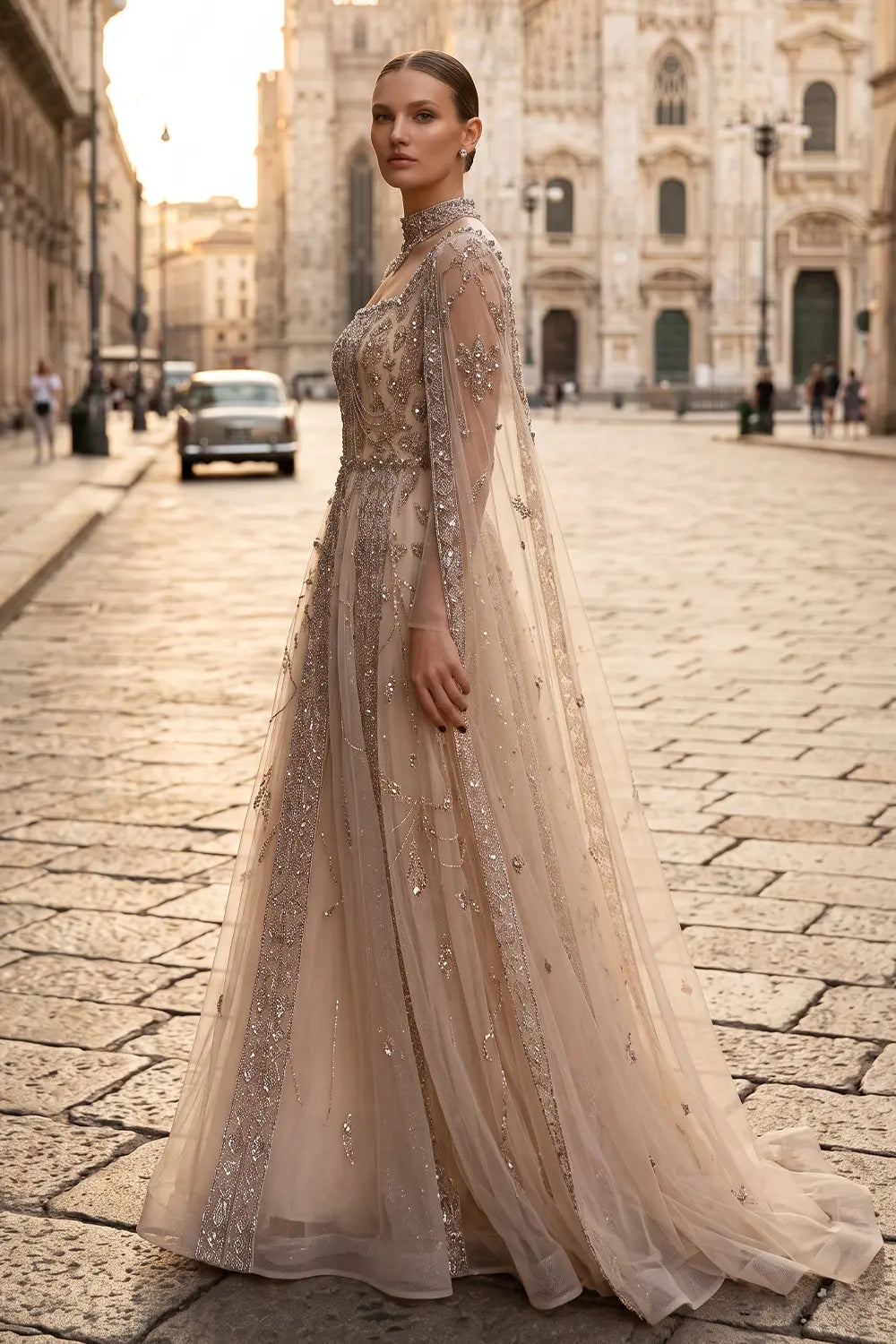 Luxury Nude Evening Dress with Cape Sleeves Chocker SS543