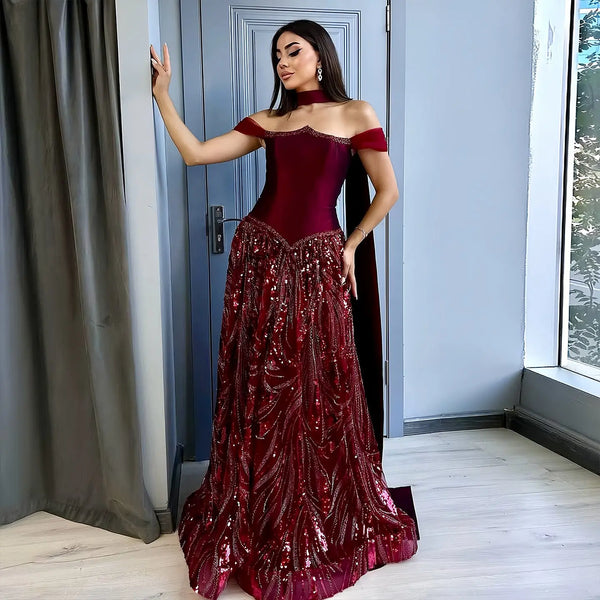 Elegant Wine Red Beaded Sequin Off-Shoulder Evening Dress with Scarf SS652