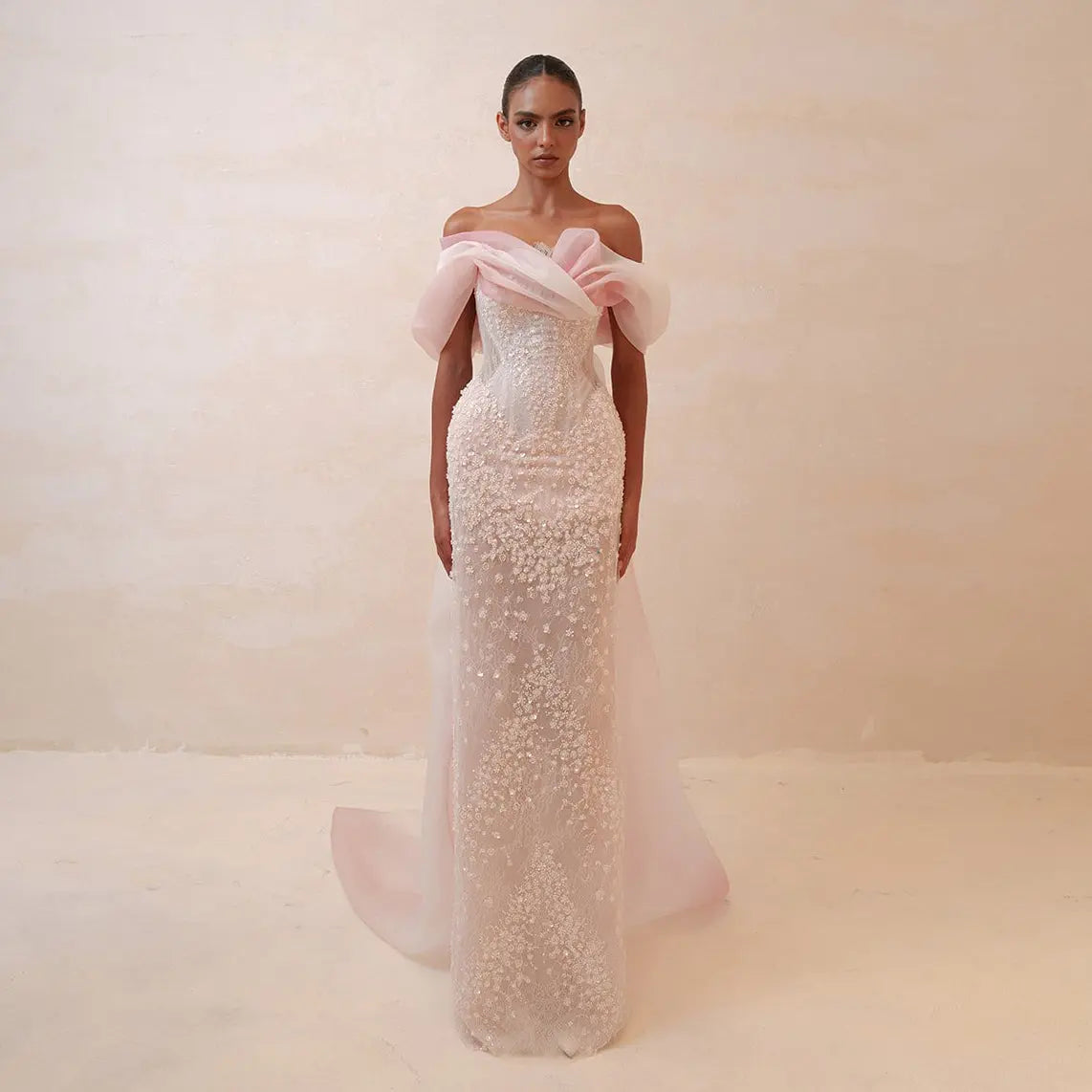 Glamorous Blush Pink Off-the-Shoulder Draped Sequin Evening Dress SS519 