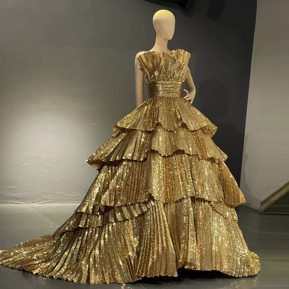 Sharon Said Luxuriöse goldene Rüschen Dubai Abendkleider für Frauen Hochzeitsfeier Elegante gewellte lange Abschlussballkleider SS577