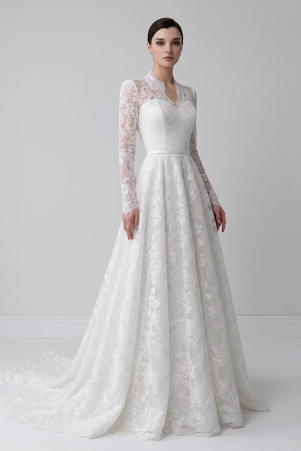 White Printed Lace High Neck Wedding Dress SW537