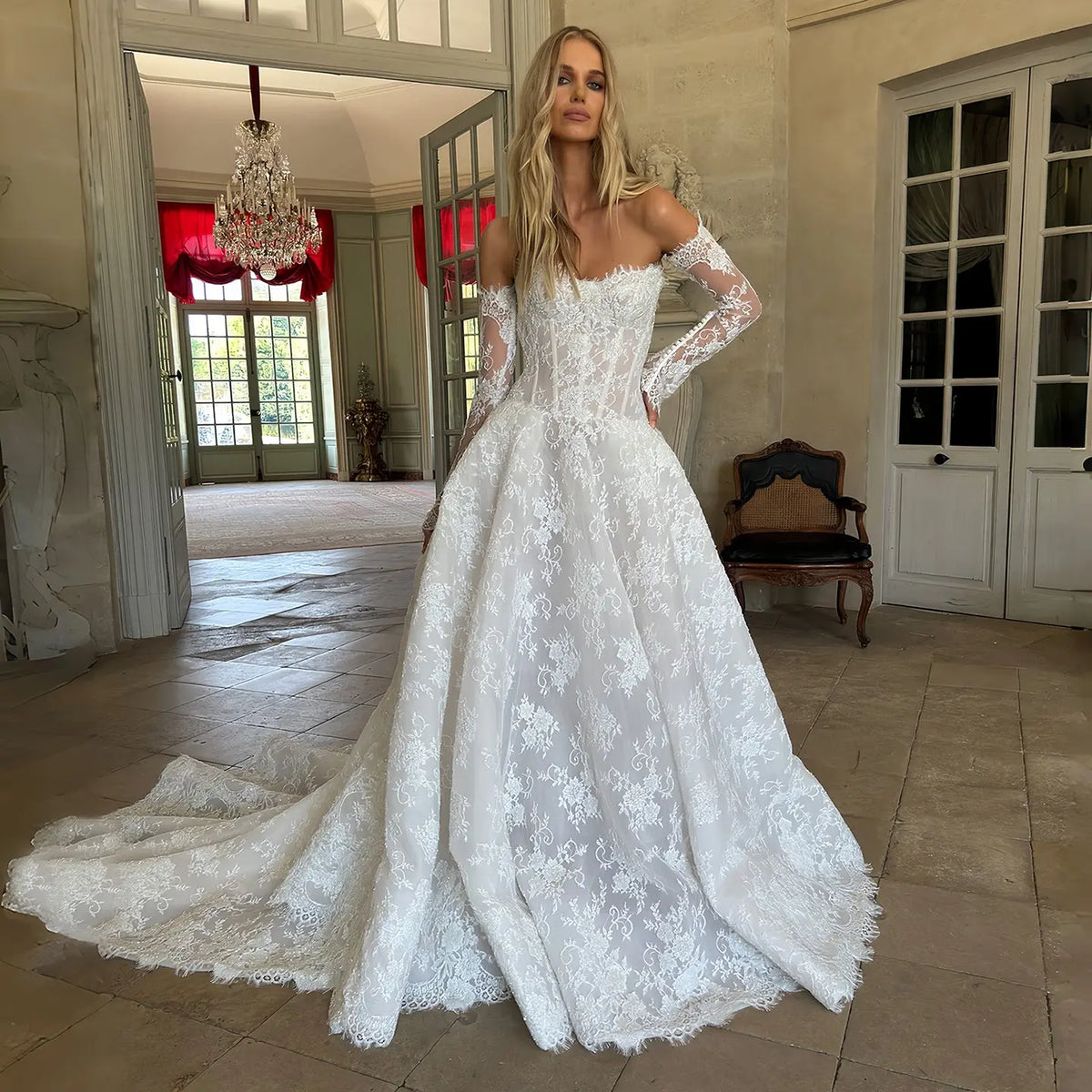 Regal Off-the-Shoulder Long Sleeve Lace Ball Gown Wedding Dress SW225