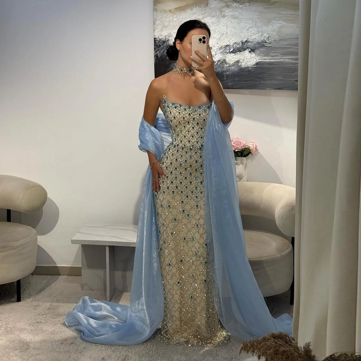 Luxury Blue Beaded Mermaid Evening Dress with Cape Sleeve and Choker SS506 