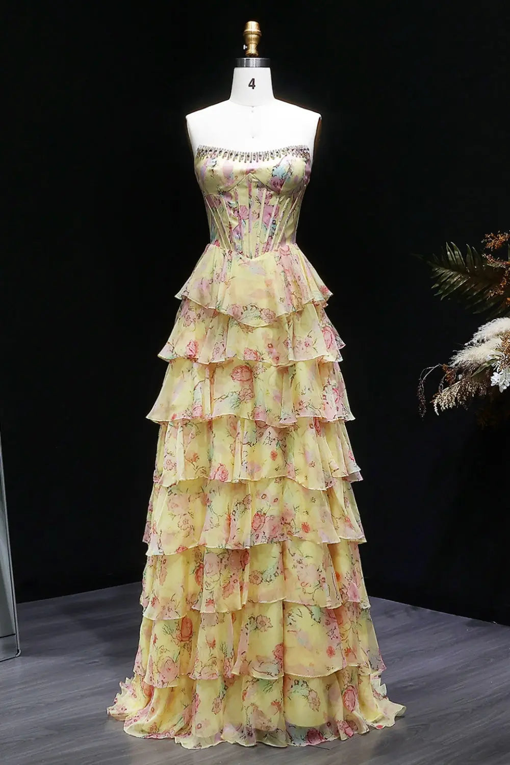 Luxury Pink Strapless Crystal Floral Tiered A-line Prom Dress SH401 