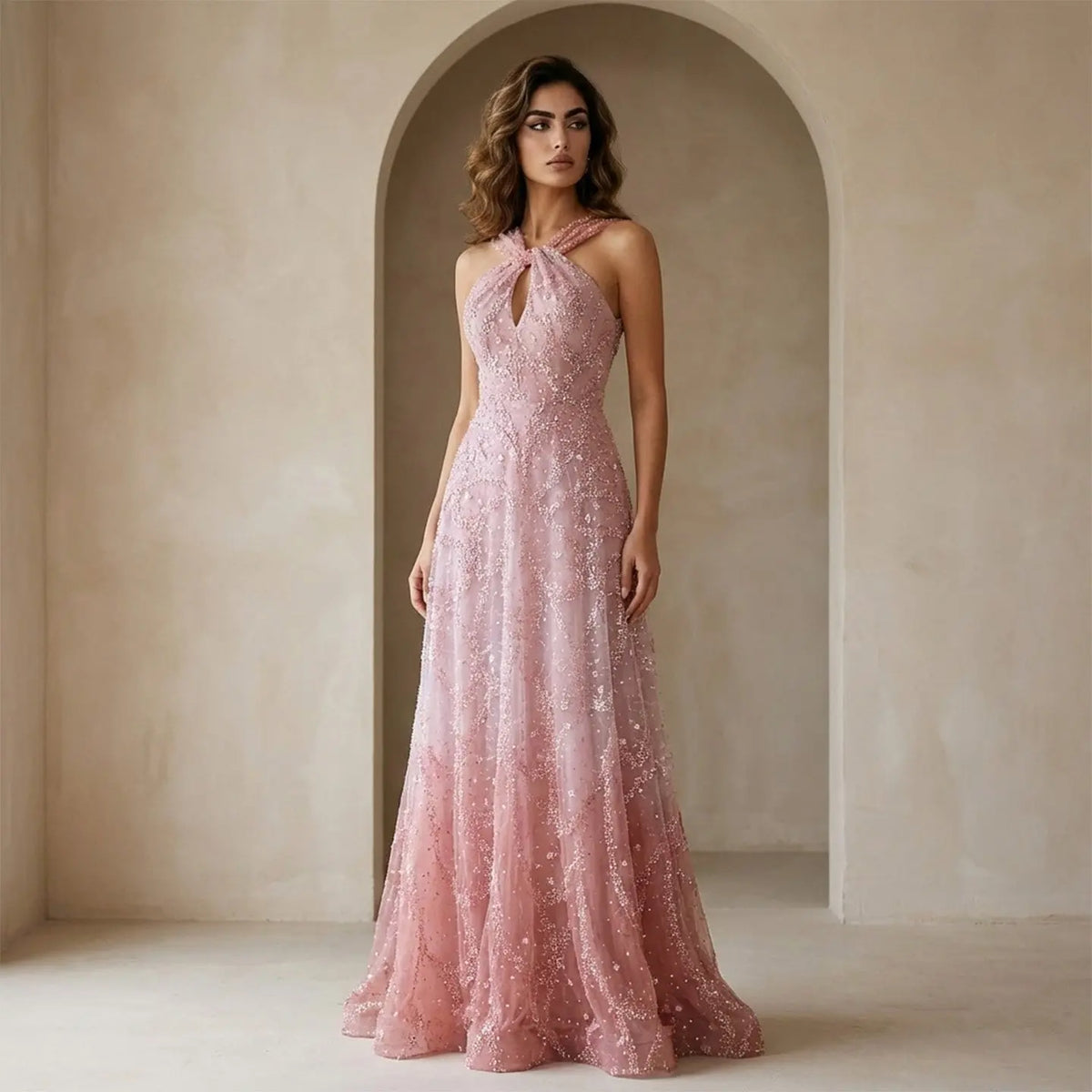Luxury Gradient Pink Halter Neck Beaded Sequin Evening Dress SS709 