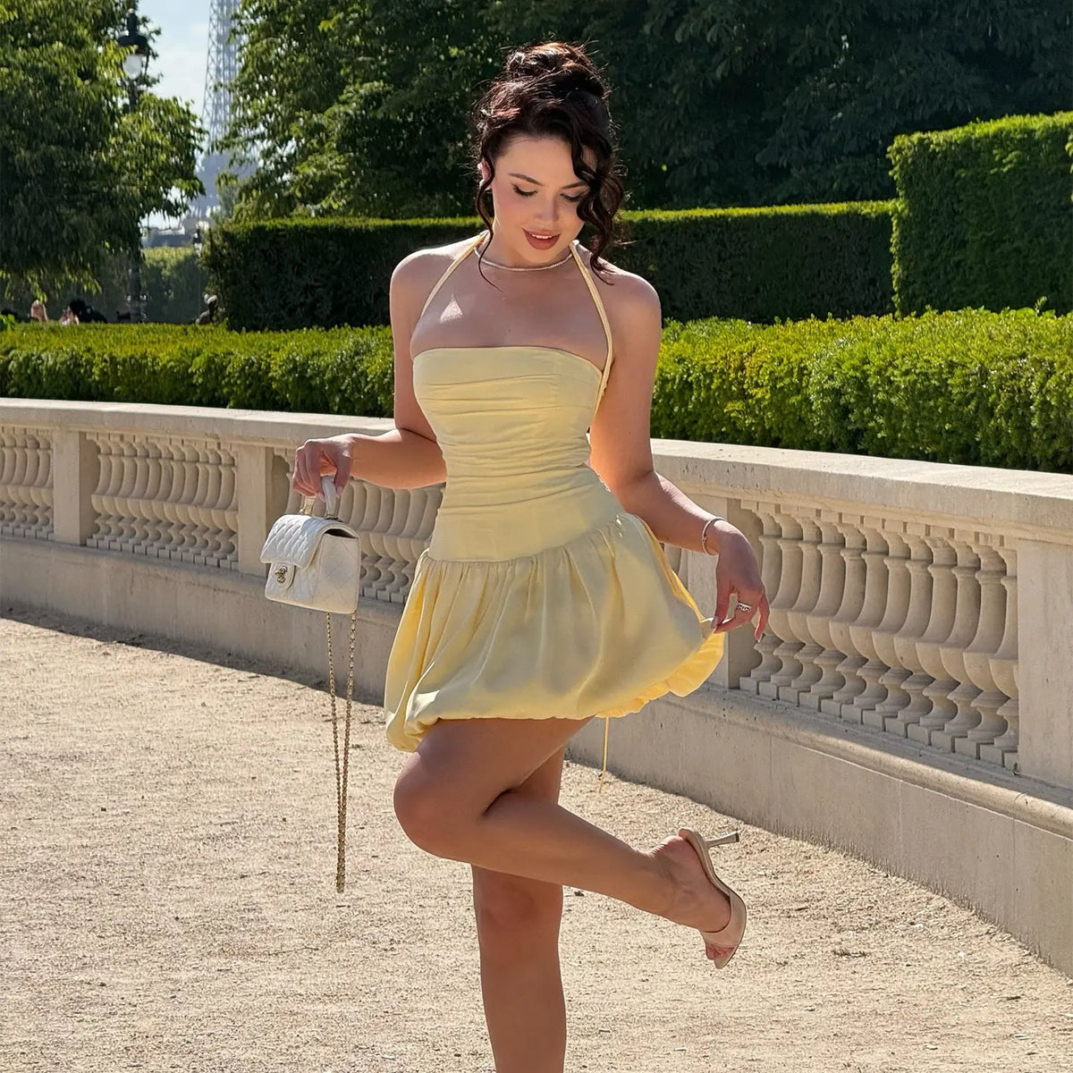 Pastel Yellow Halter Neck Corset Back Bubble Mini Homecoming Dress RM2 – SHARONSAID