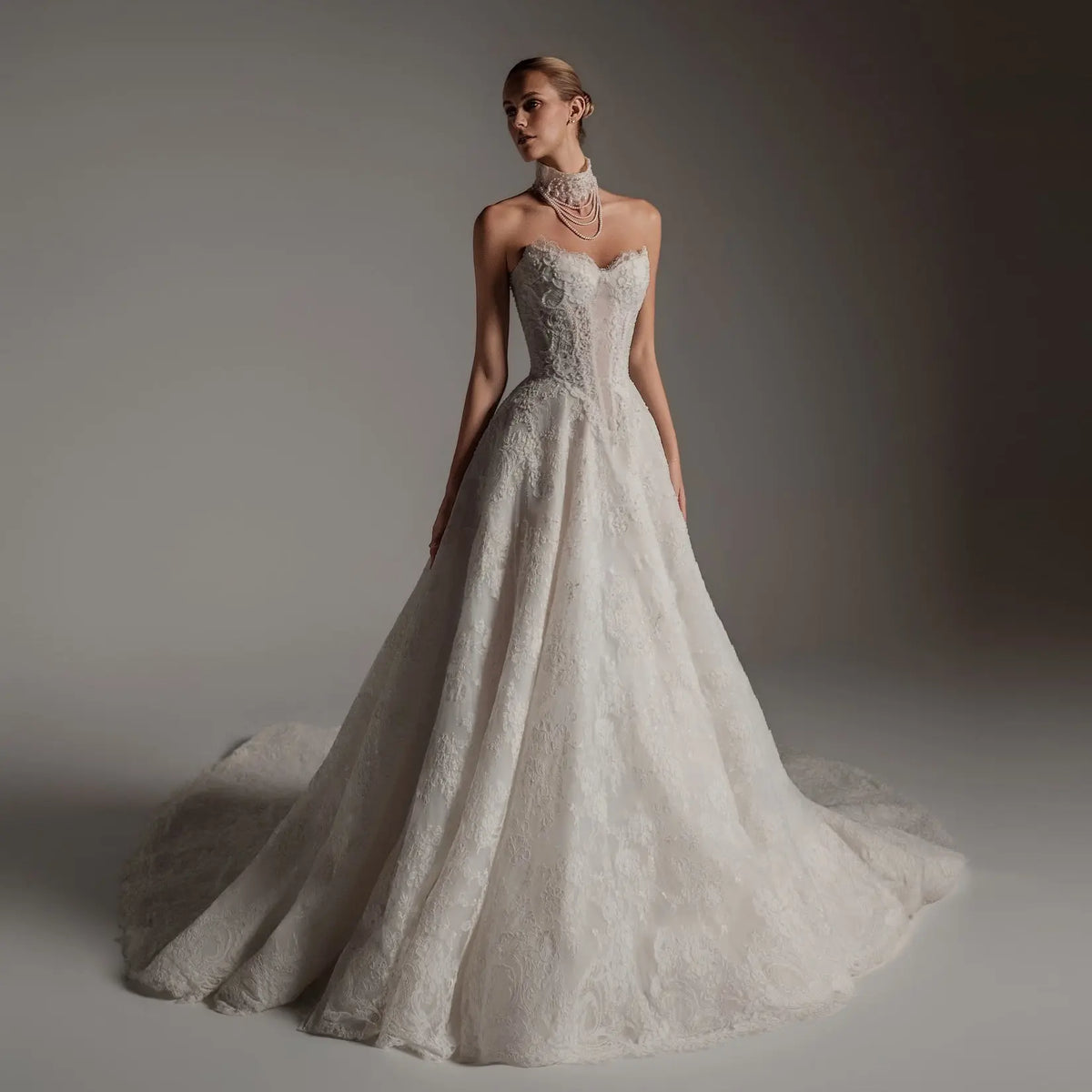 Luxury Strapless Lace Train Wedding Dress with Scarf SW166 