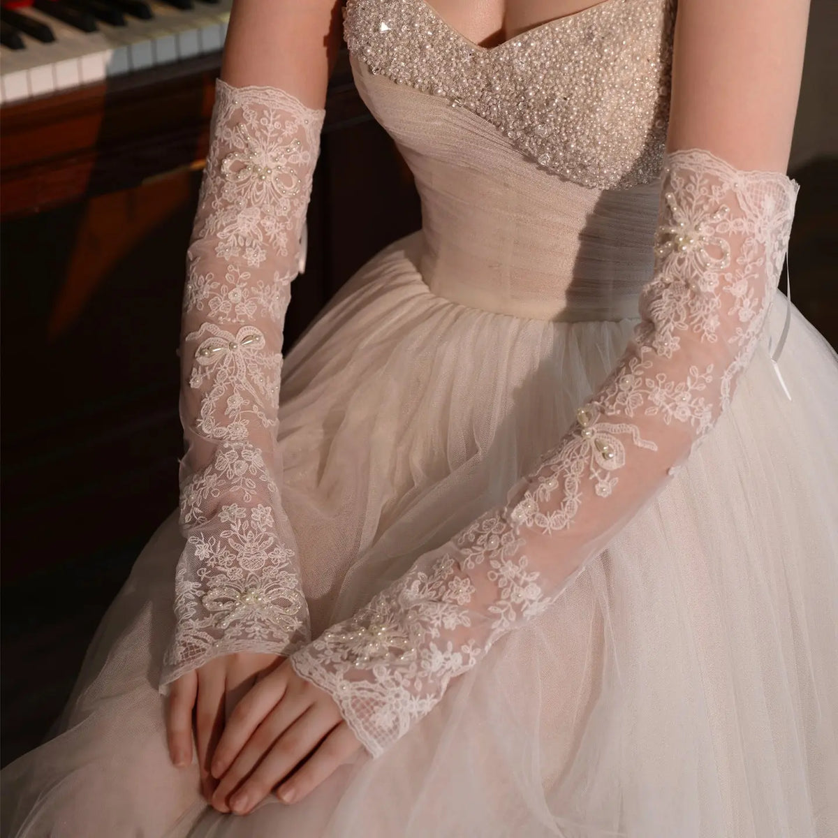 Elegant Ivory Lace Beaded Pearl Fingerless Long Bridal Gloves for Wedding Party GL005