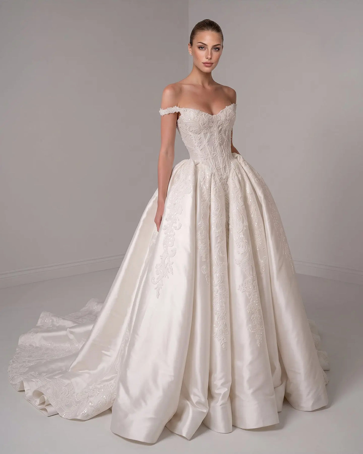 White Lace Embroidery Satin Wedding Dress SW163