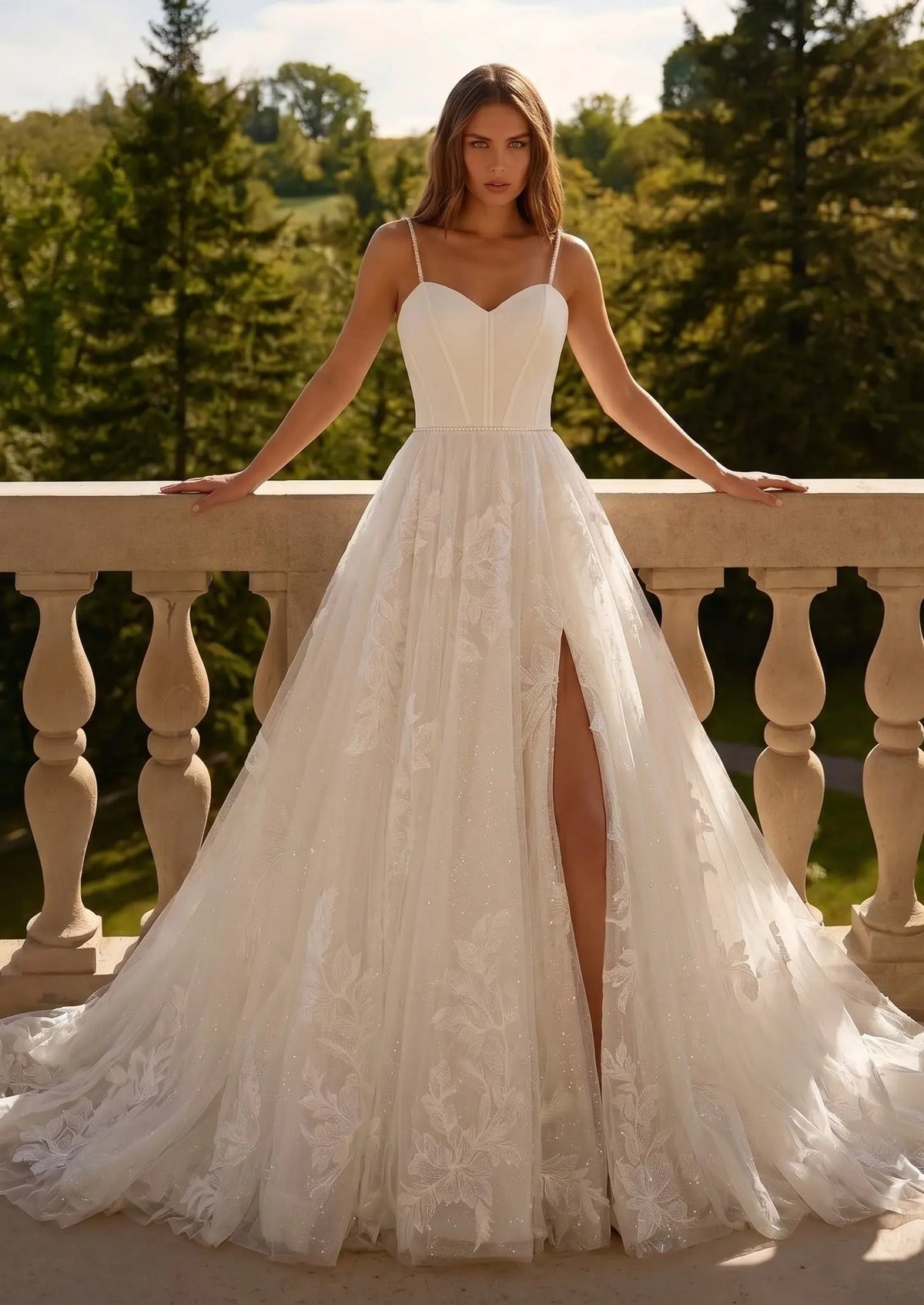 Elegant Spaghetti Strap Satin Bodice Lace Tulle Wedding Dress with Train SW705