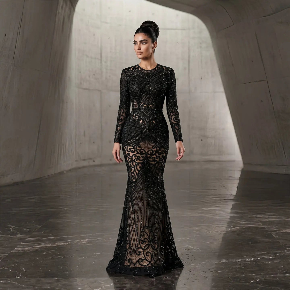 Regal Dark Green Long Sleeve Beaded Mermaid Evening Dress SS056 