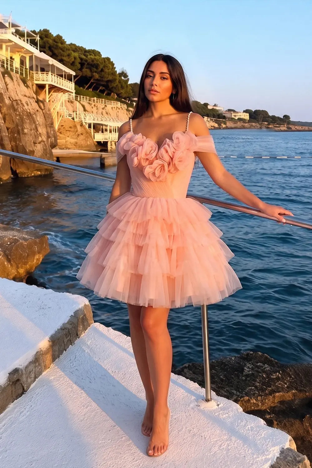 Luxury 3D Peach Tiered Ruffle Mini Homecoming Dress RM132