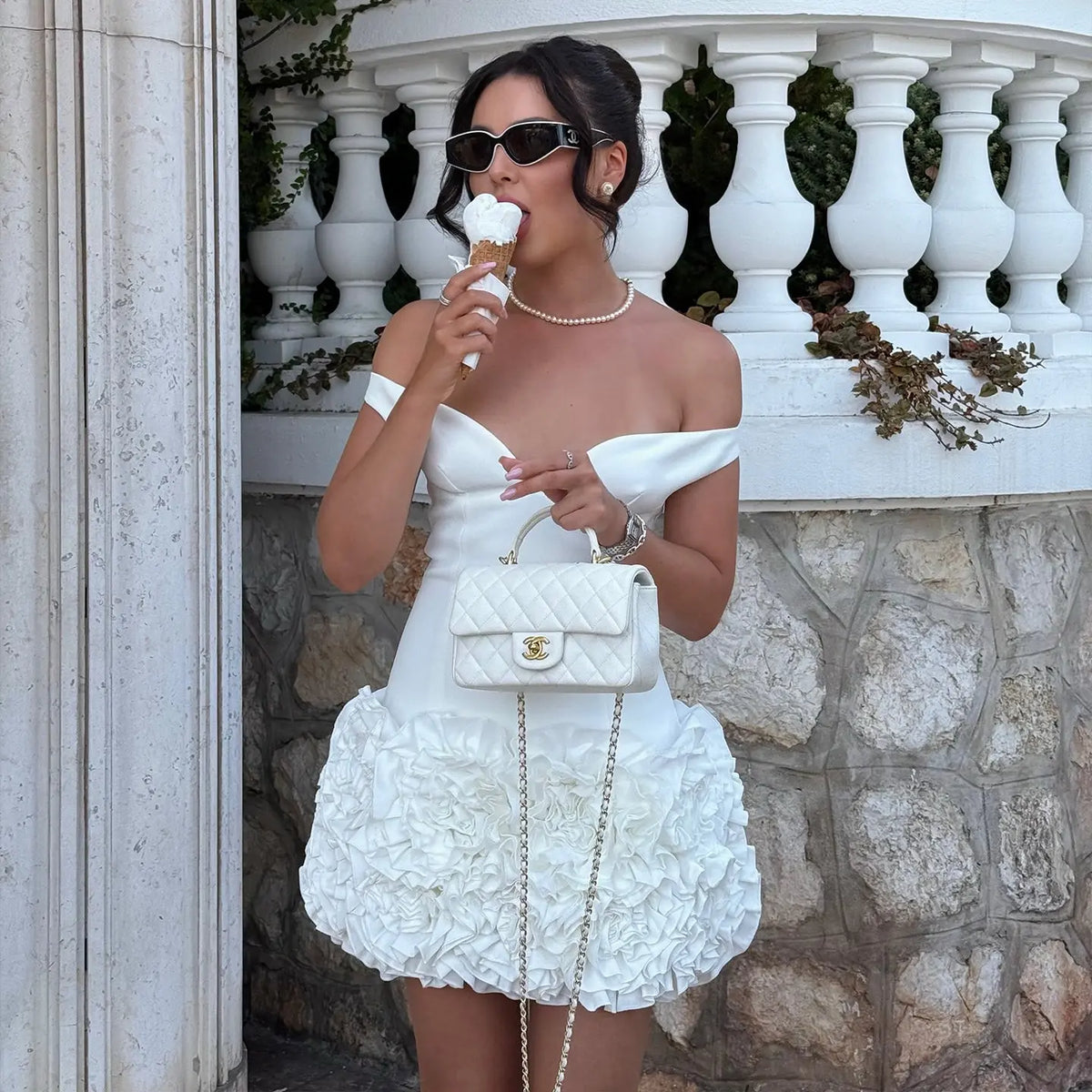 White Off The Shoulder 3D Floral Skirt Homecoming Dress RM256