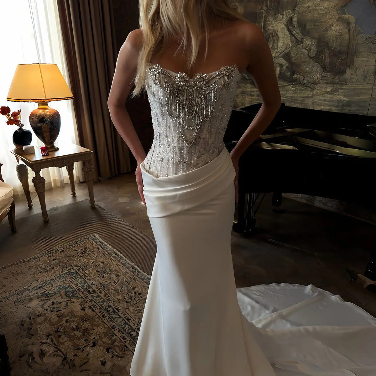 Luxury Strapless Beaded Fringe Bodice Satin Mermaid Wedding Dress SW221