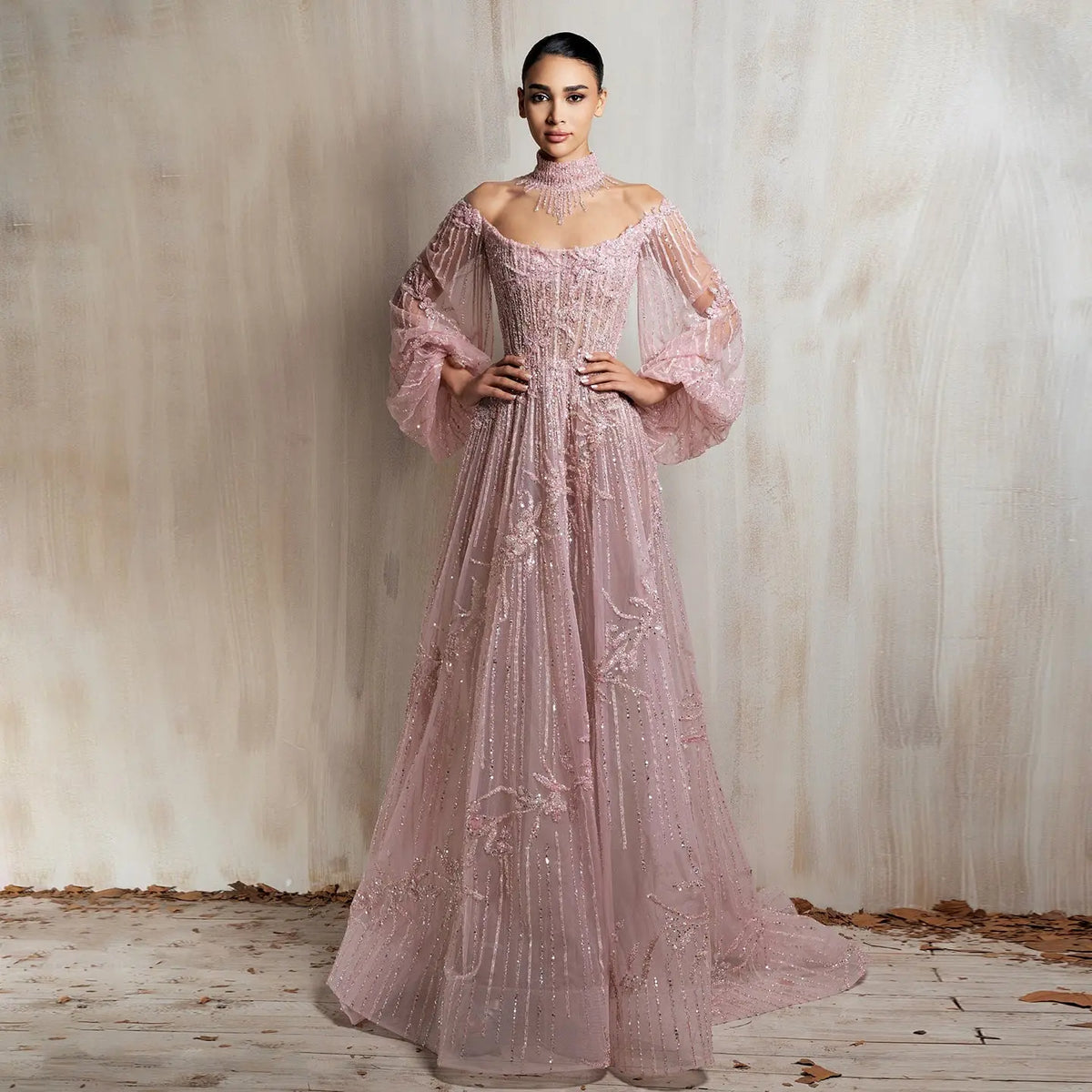 Dusty Pink Sequin A Line Evening Gown Off the Shoulder Puff Long Sleeve Formal Dress SS411