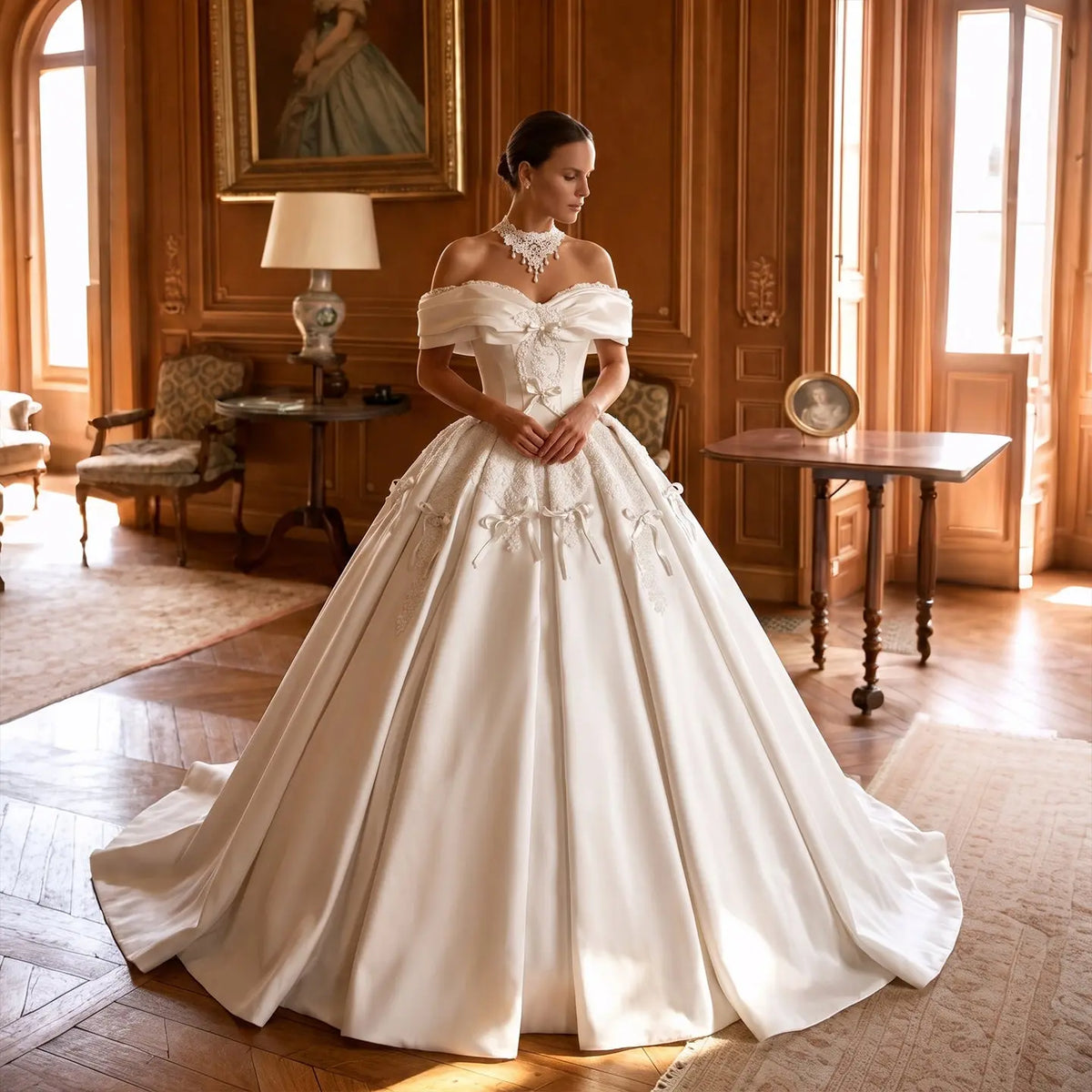 White Satin Off the Shoulder Ball Gown Dress SW675