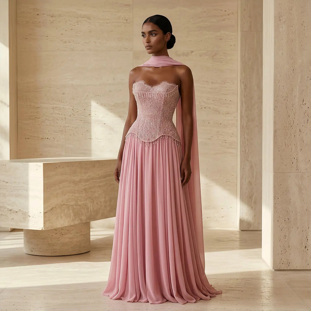 Elegant Pink Beaded Sweetheart Chiffon Evening Dress with Scarf SS434