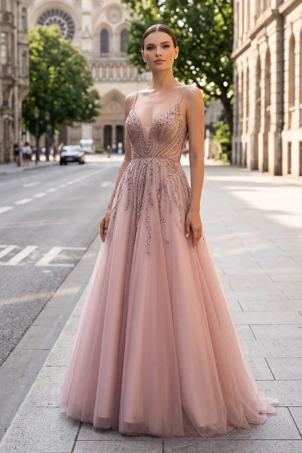 Luxury Crystal Pink Evening Dress with Ruffles SS584
