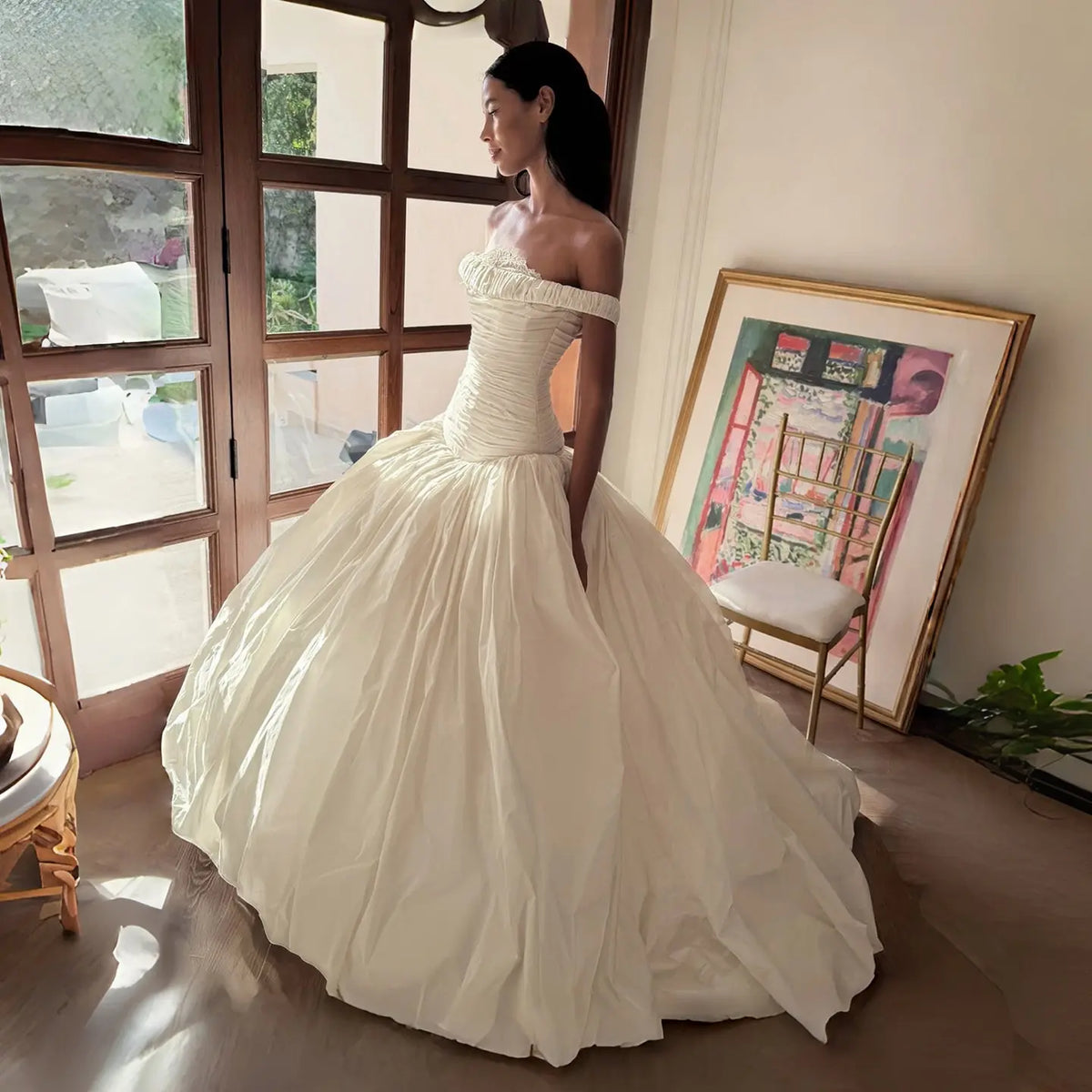 Elegant Strapless Ruched Satin Ball Gown Wedding Dress SW234