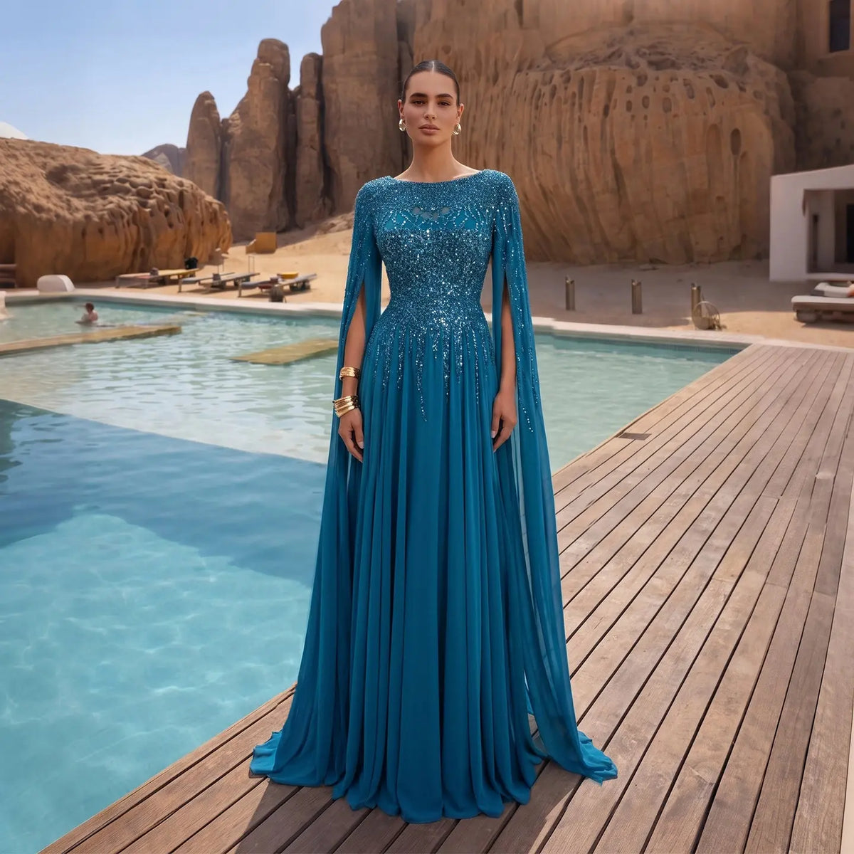 Peacock Blue Sequin Cape Sleeve Evening Dress SS105-1