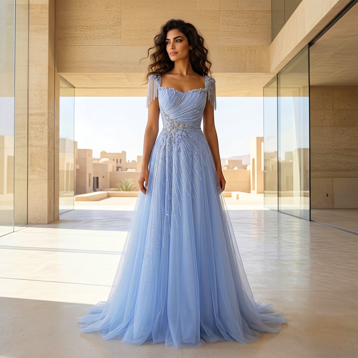 Luxury Blue Tassel Beaded Tulle A-Line Evening Dress SS058 