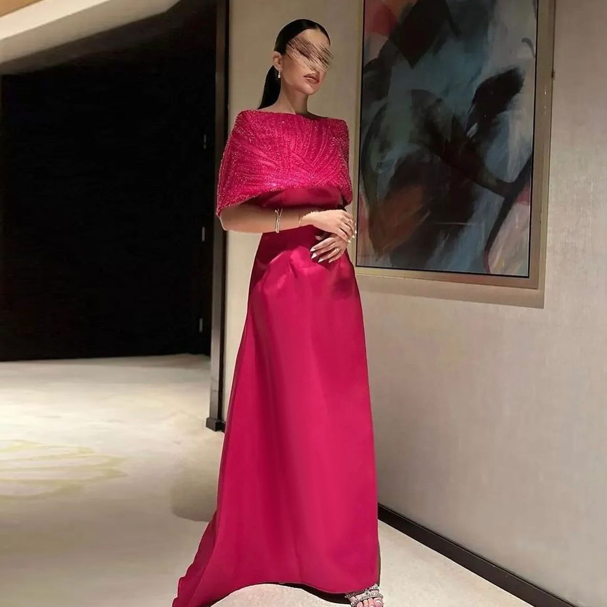 Sharon Said Elegantes schulterfreies fuchsiafarbenes arabisches Abendkleid mit Umhang für Frauen, Hochzeitsfeier, Dubai, formelle Ballkleider SS482