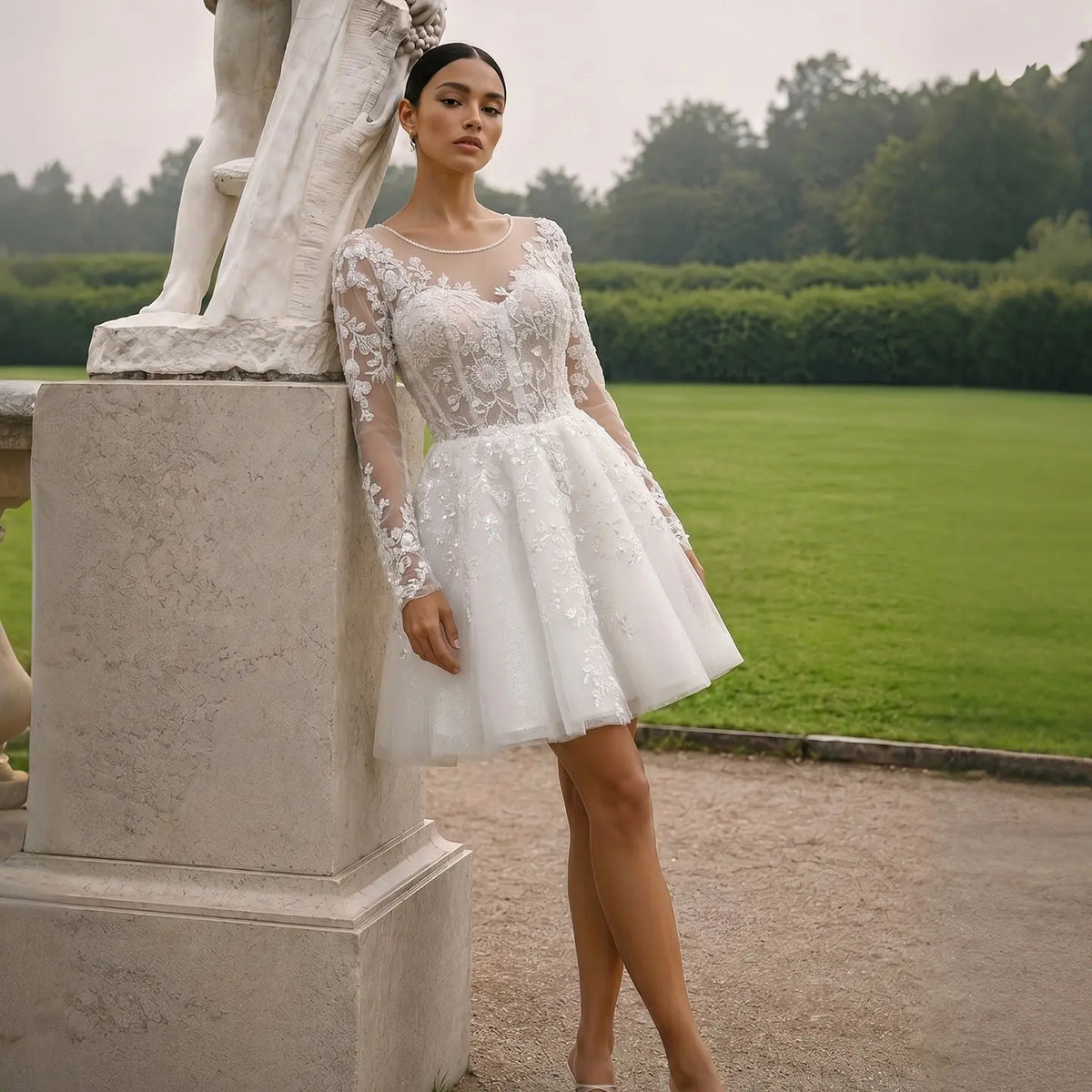 Elegant White Long Sleeve Lace Short Wedding Dress SW721