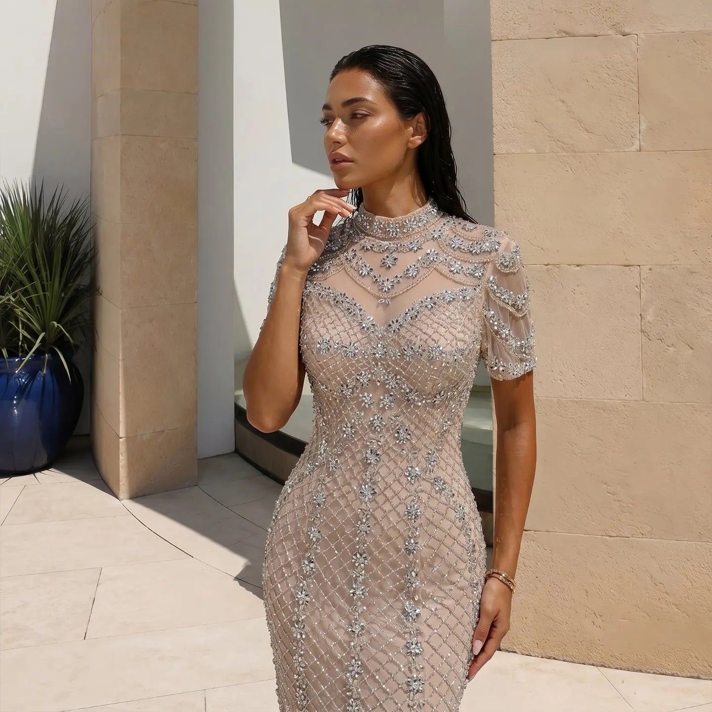 Chic Champagne Short Sleeve Grid Rhinestone Mermaid Evening Dress