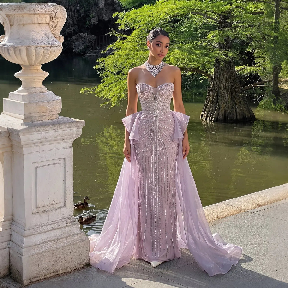 Pink Beaded Corset Sheath Formal Gown with Cascading Organza Train SS139