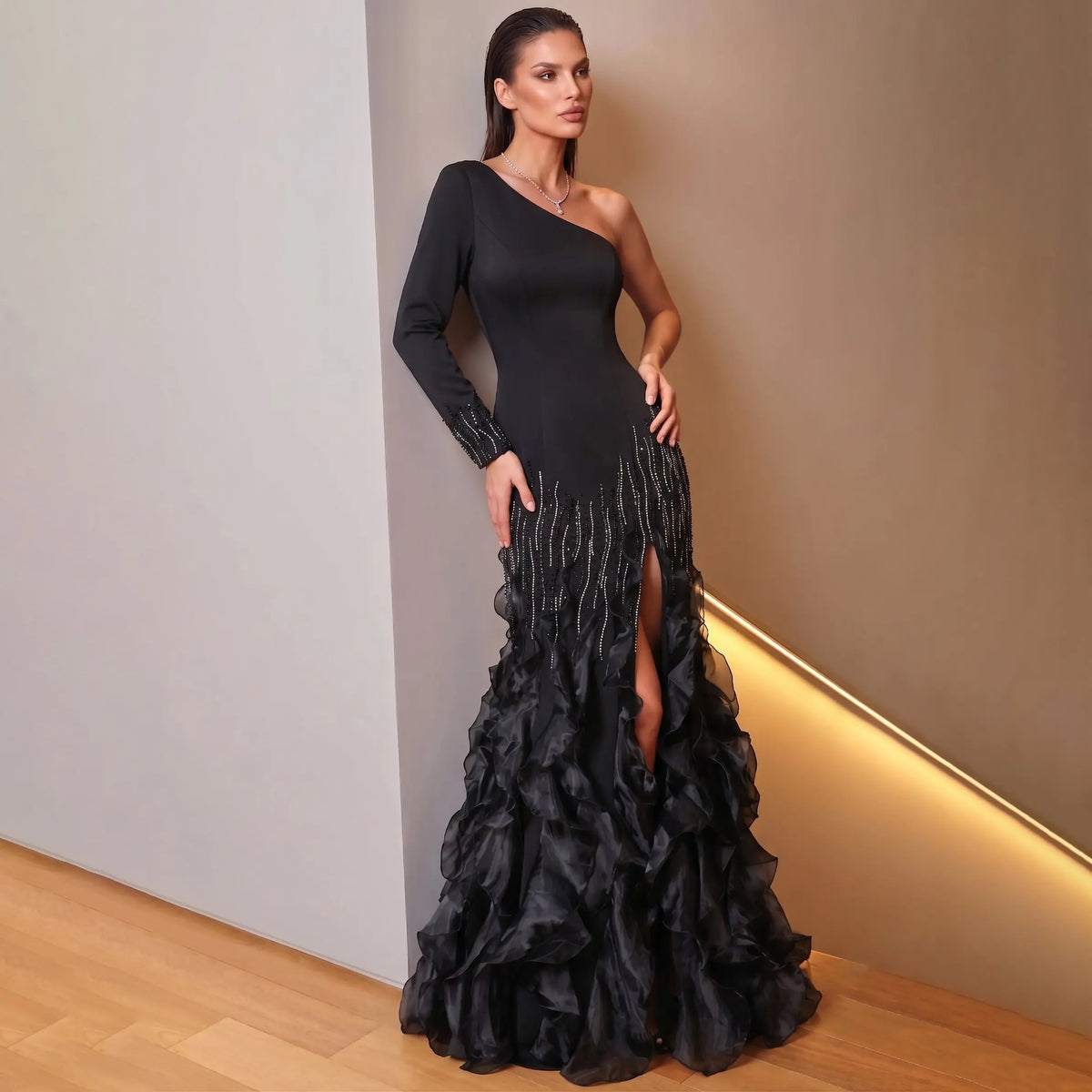 Black Fringe Beaded Mermaid Evening Dress SS596