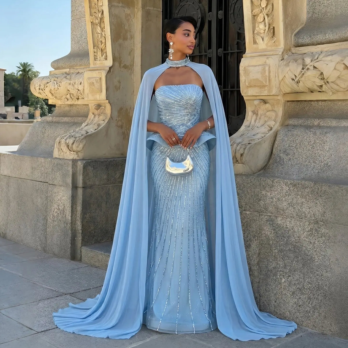 Blue Strapless Chiffon Cape Train Beaded Rhinestone Mermaid With Evening Dress SS112