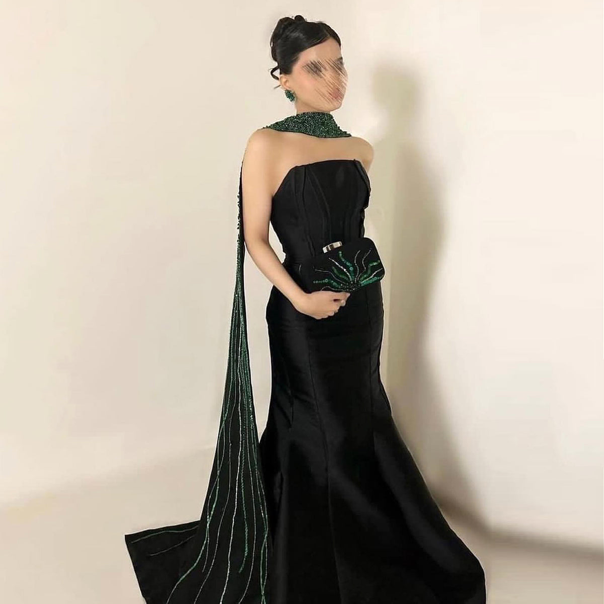 Sharon Said Elegante schwarze Meerjungfrau arabische Abendkleider mit Schal Luxus Perlen Dubai Frauen Hochzeit formelle Partykleider SS421