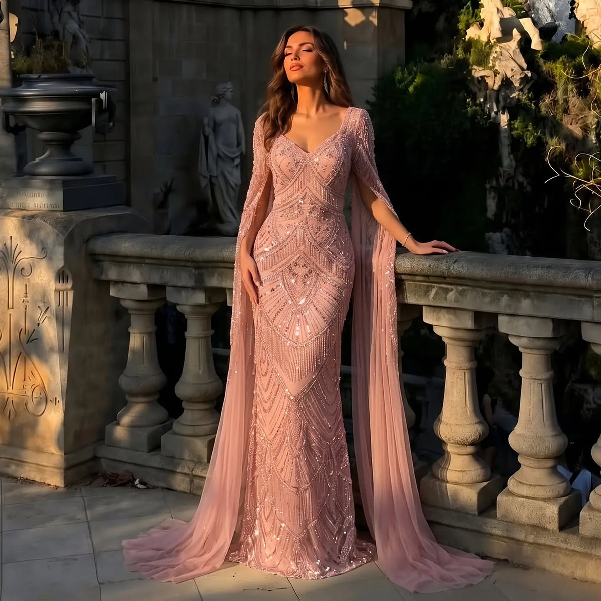 Peach Sequin Cape Sleeve Mermaid Formal Evening Dress SS015