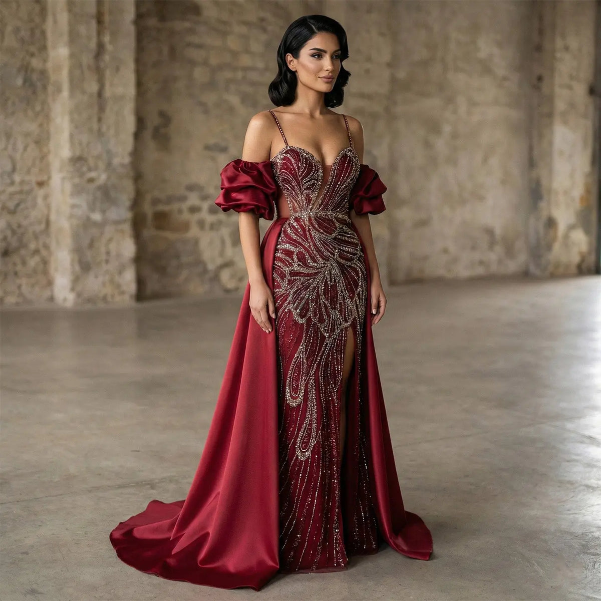 Luxury Lilac Beaded Cape High-Slit Evening Dress with Cap Sleeve SS157 