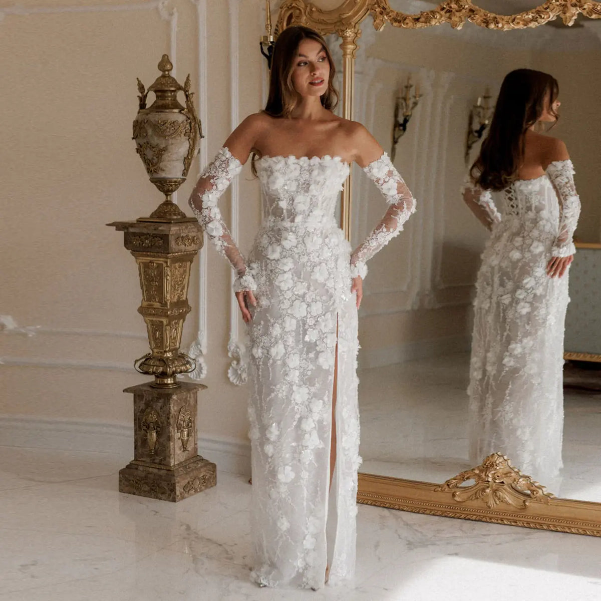 Elegant White 3D Floral Sequin Bridal Puff Sleeves Wedding Dress SW085 White / 2 Elegant White 3D Floral Sequin Bridal Puff Sleeves Wedding Dress SW085 White / 2