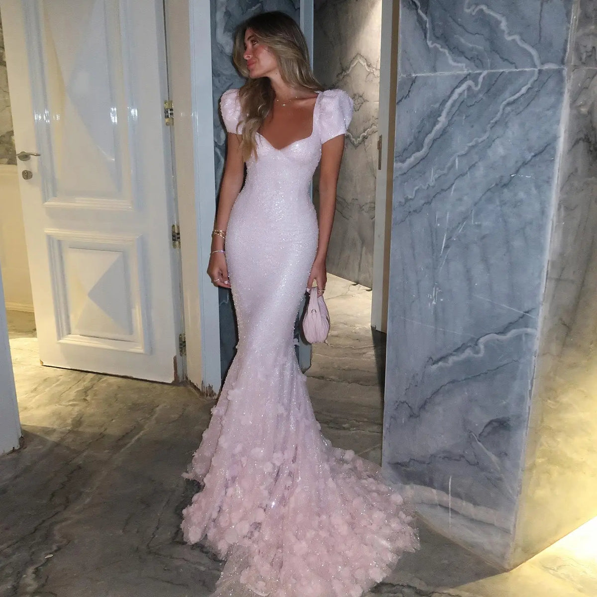 Luxury Pink Gradient Sequin Mermaid Train Evening Dress SS643 