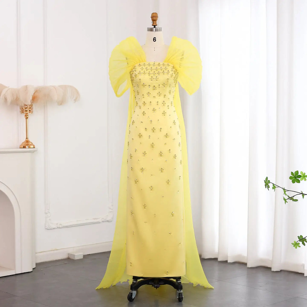 cape dress yellow LONG LIME WITH length dress with fitted bodice Yellow The Label Vitoria
